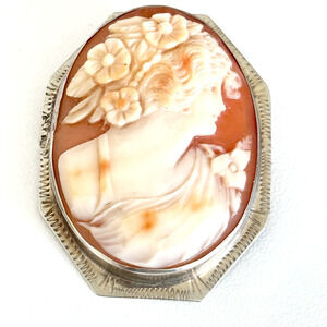Antique 14K White Gold Carved Shell Cameo Floral Woman Oval Ladies Brooch Pin